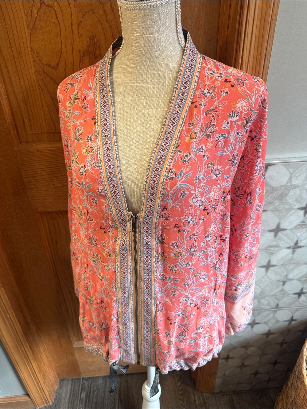Free People Coral Floral Zip-Front Blouse